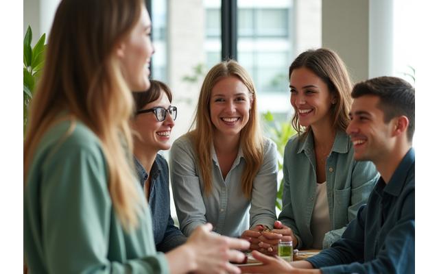 A diverse group of employees engaging happily in a modern office space, symbolizing positive workplace culture and engagement.